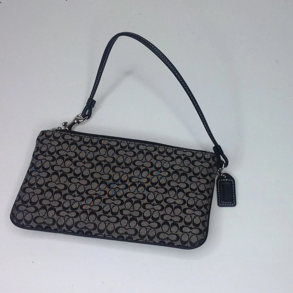 Coach Black Wristlet Canvas Leather Trim Signature